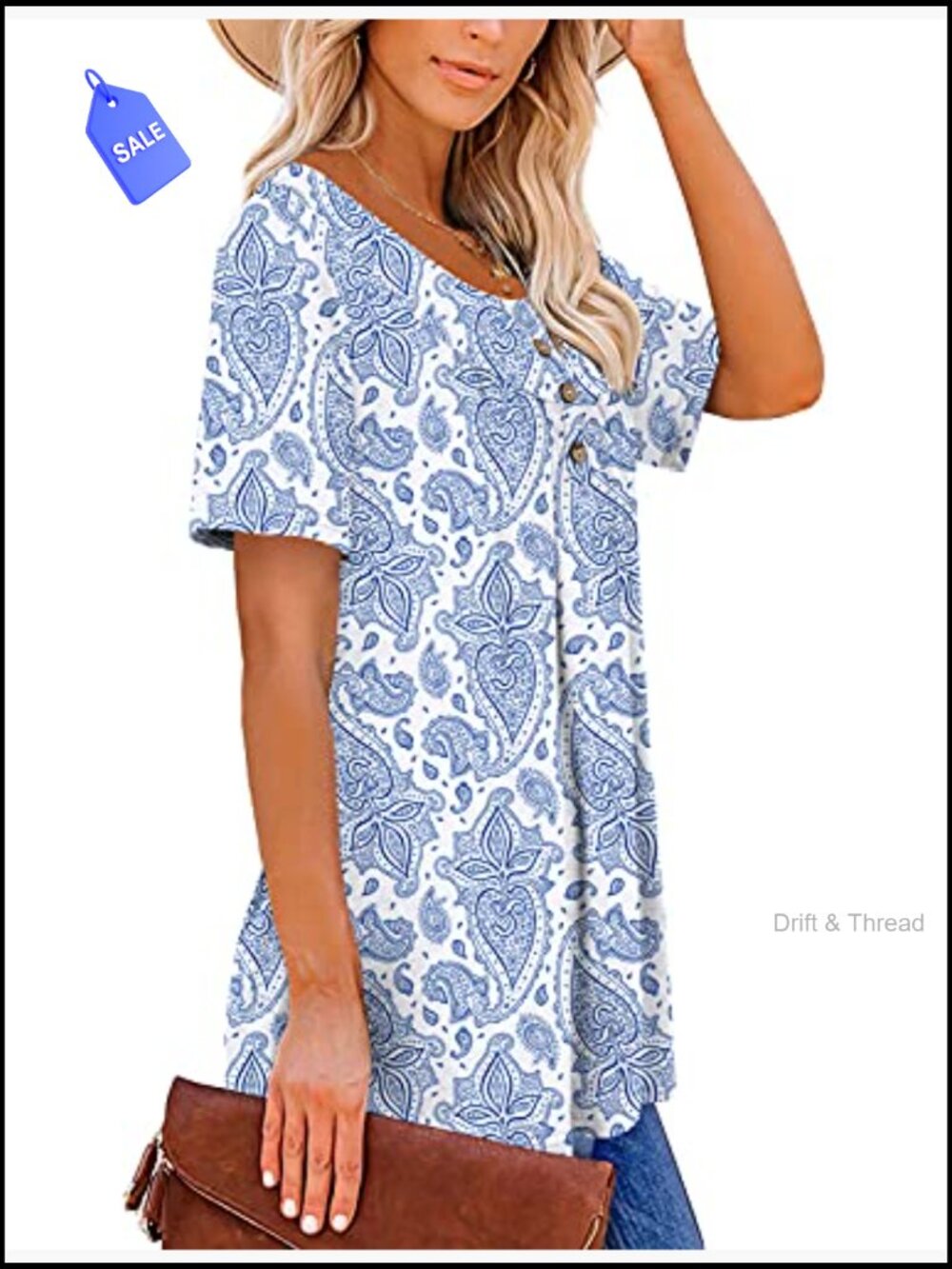 Womens Henley V Neck Casual Blouse Button Down Flare Tunic Top - Picture 3 of 7